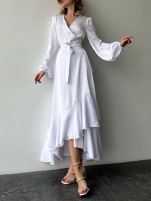 Loose Puff Sleeves Asymmetric Pleated Solid Color Split-Joint Tied Waist V-Neck Maxi Dresses Shirt Dress