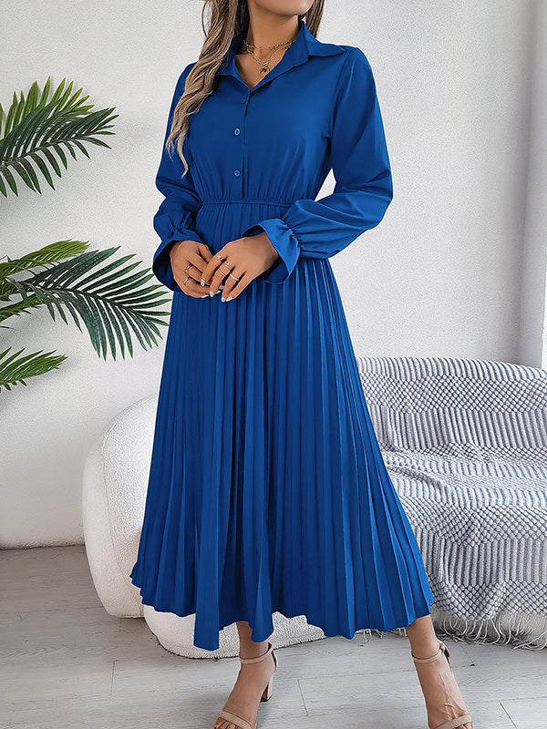 A-Line Flared Sleeves Buttoned Elasticity Pleated Solid Color Lapel Maxi Dresses