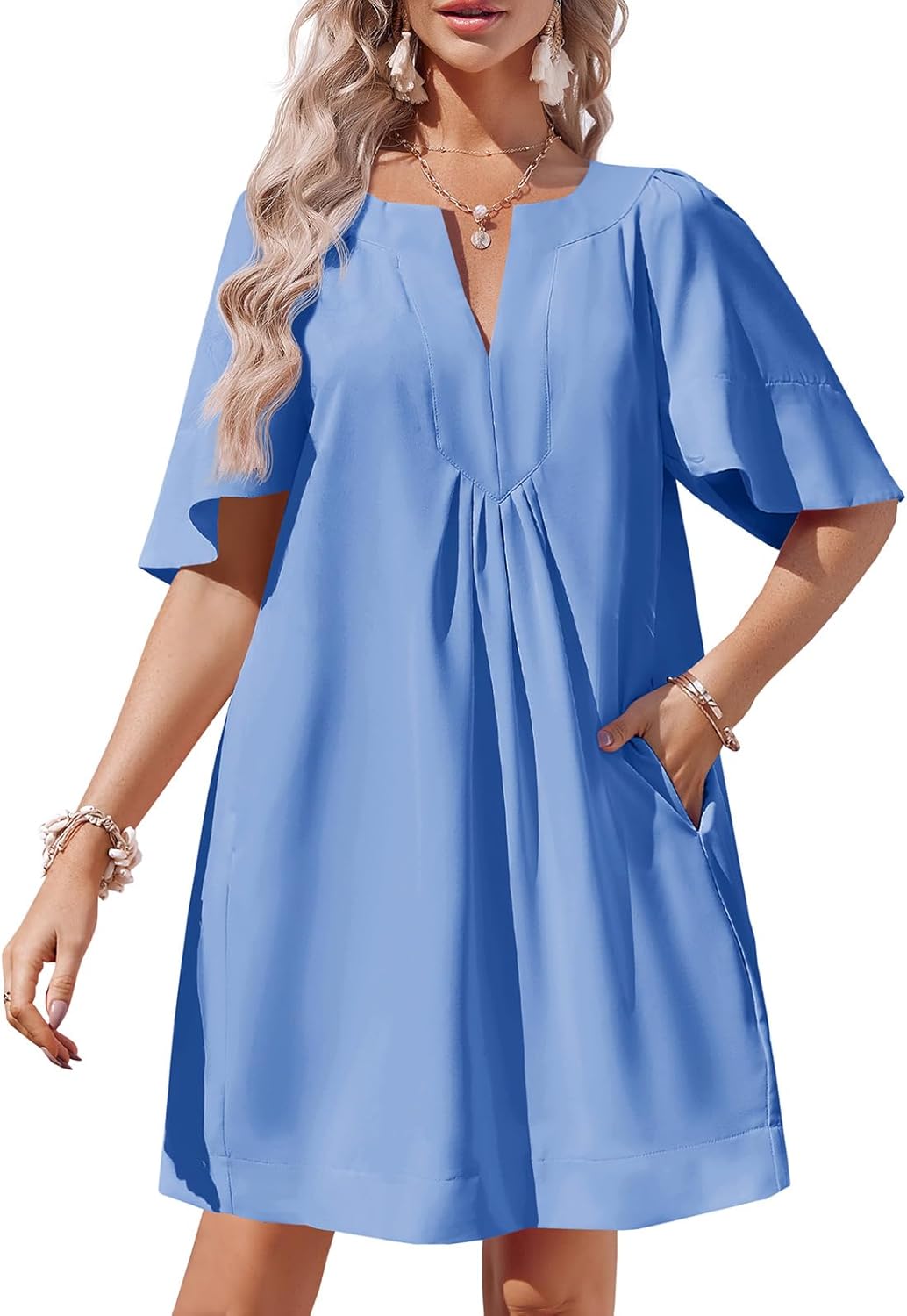 🌸Women's Flutter V Neck Loose  Short Sleeve Mini Dress (Buy 2 Free Shipping)