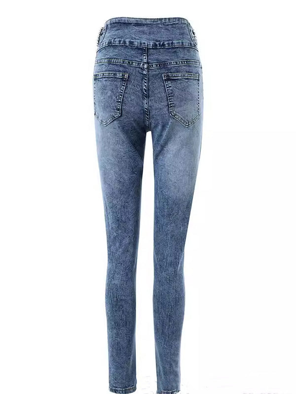 Skinny Beads Buttoned Elasticity Pockets Zipper Jean Pants Bottoms