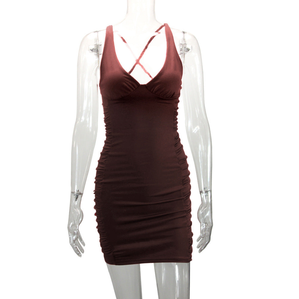 New summer women's clothes V-neck backless ruffle hip sexy dress