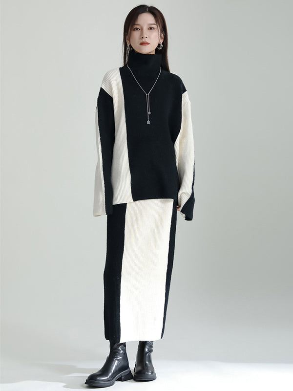 Casual Loose Long Sleeves Contrast Color High-Neck Sweater Top&Skirt Two Pieces Set