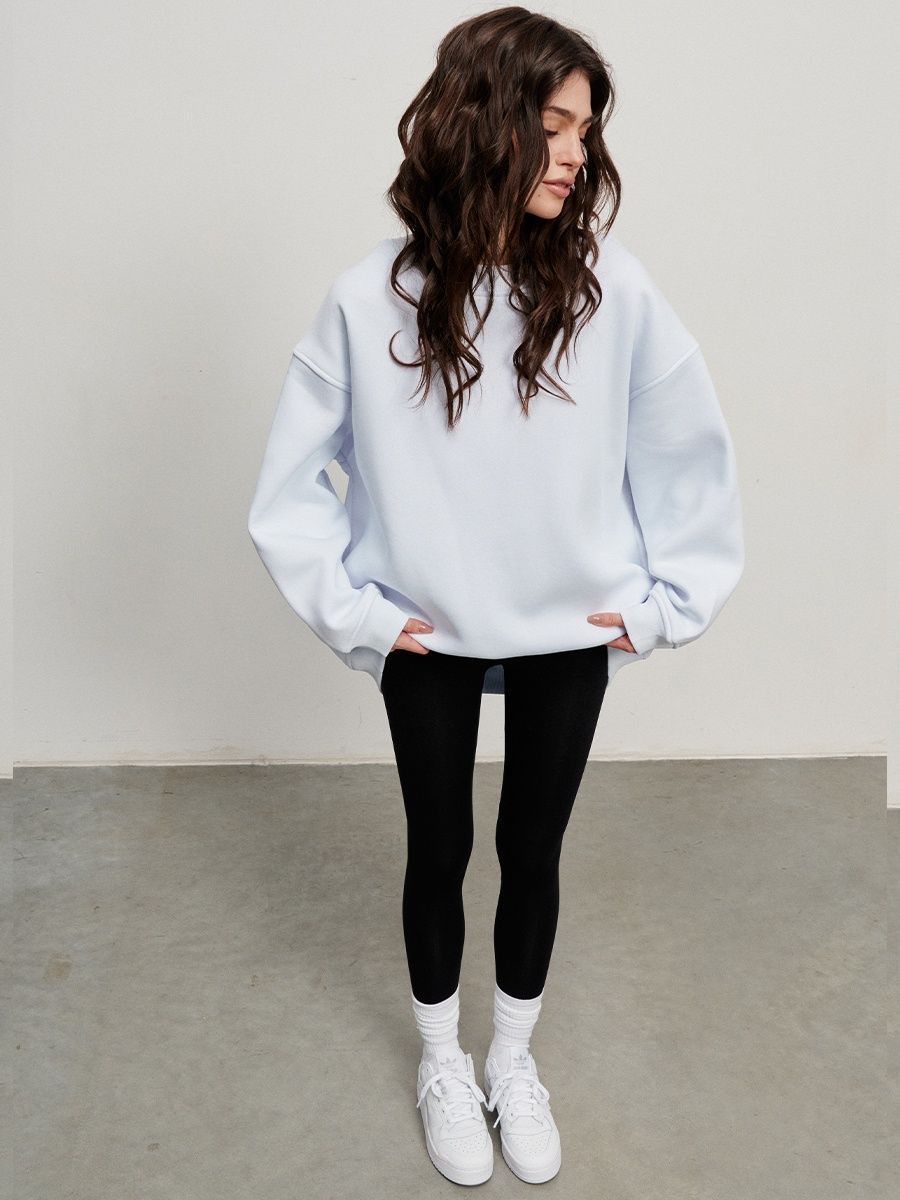 Round neck loose sweatshirt women's autumn winter Street solid color Oversize polar fleece pullover top