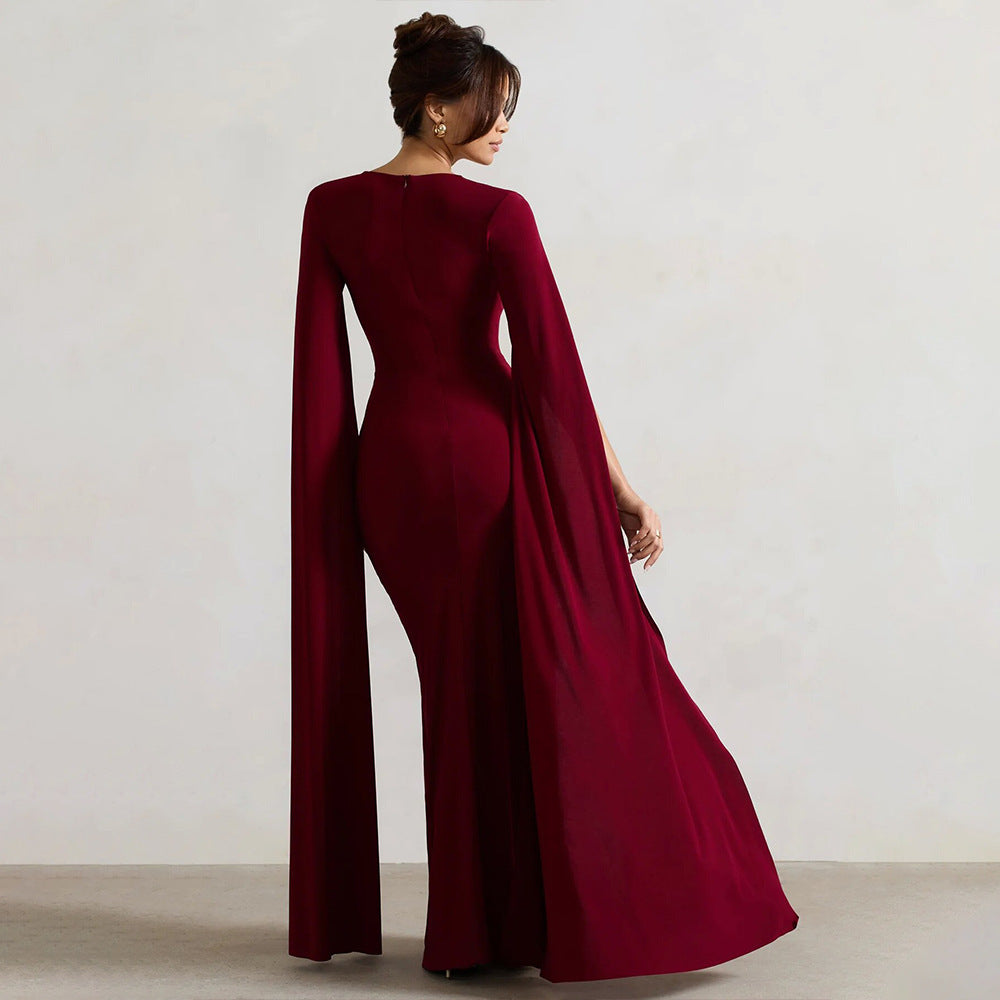 Women's dress square collar mop long sleeve high slit solid color sexy dresses