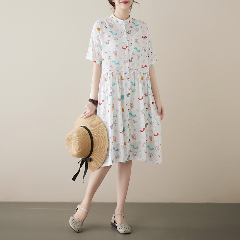 Literary Print Stand Collar Short Sleeve Midi Dress