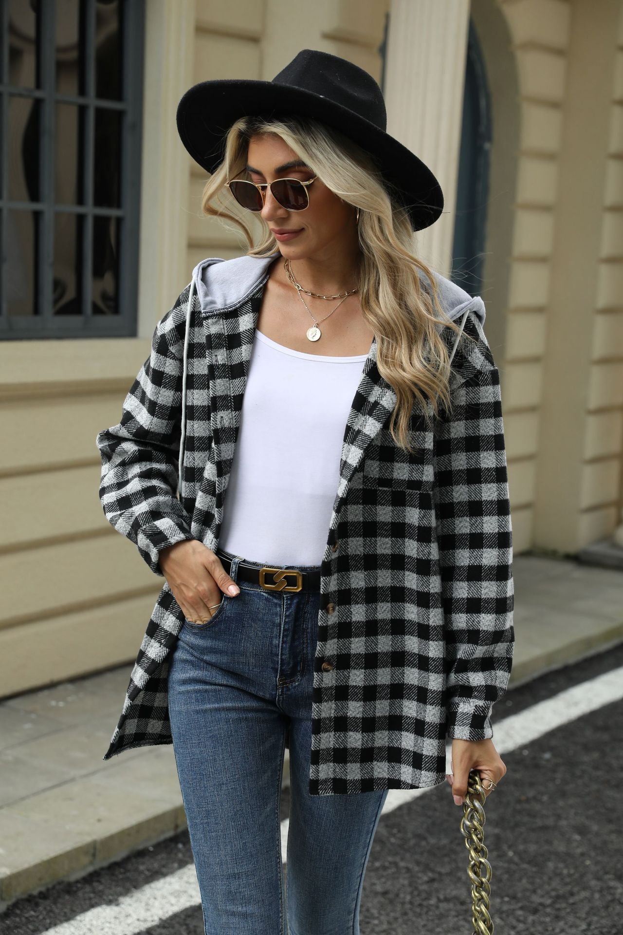 Autumn and Winter new women's hooded Plaid stitching top single-breasted woolen coat