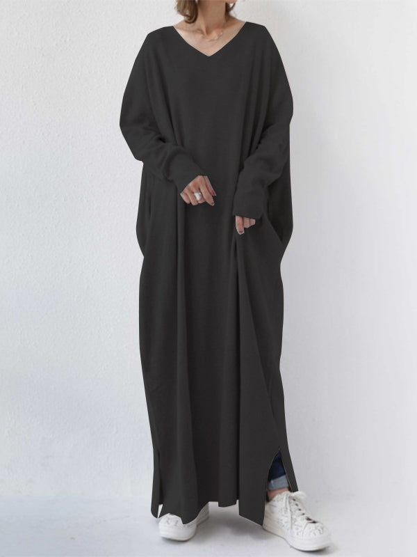 Casual Solid Color V-Neck Knitted Maxi Dress