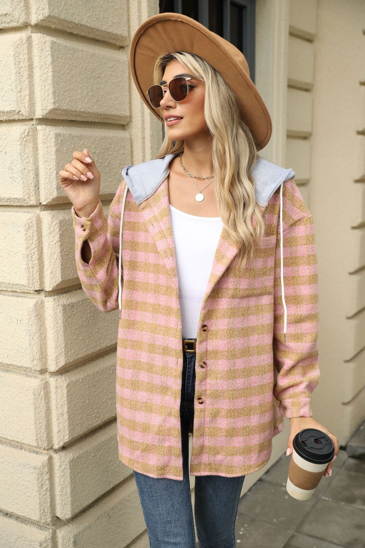 Autumn and Winter new women's hooded Plaid stitching top single-breasted woolen coat