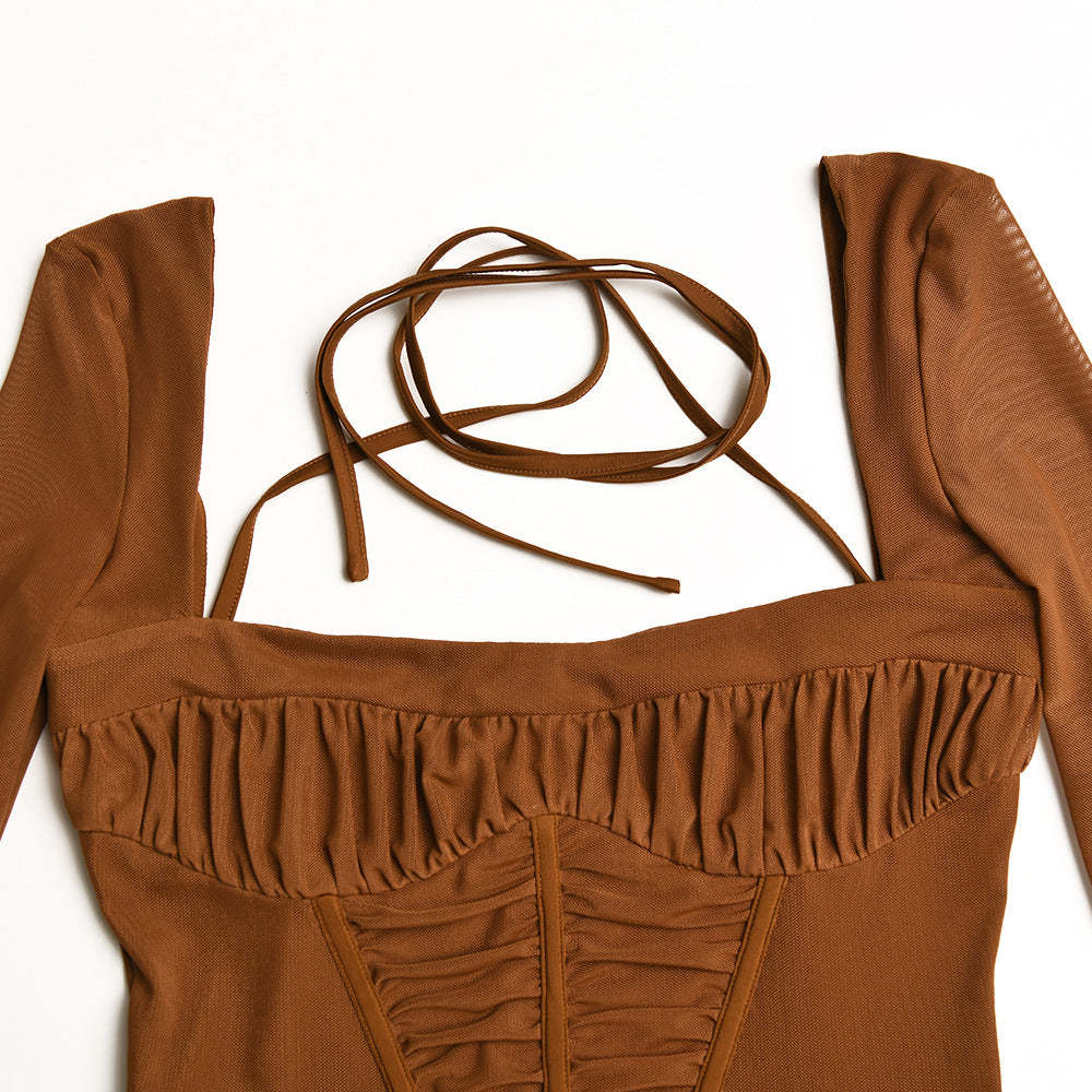 Sexy low-cut tight-fitting dress autumn long sleeve halter backless hip dresses for women