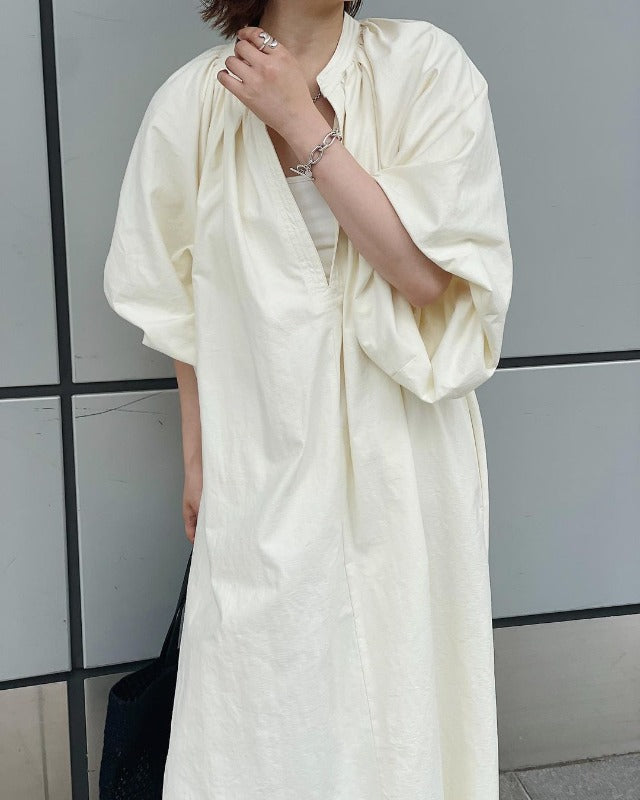 V-Neck Loose Casual Puffy Sleeves Solid Color Maxi Dress