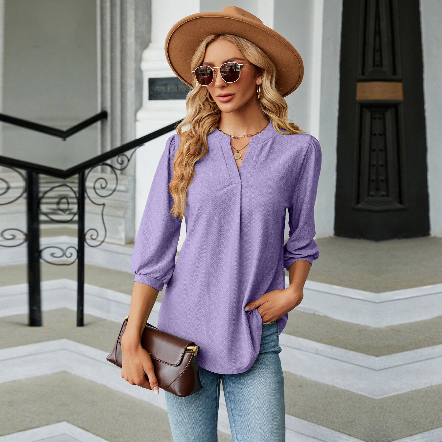 Autumn and Winter new solid color and V-neck jacquard 3/4 sleeve loose-fitting T-shirt top women