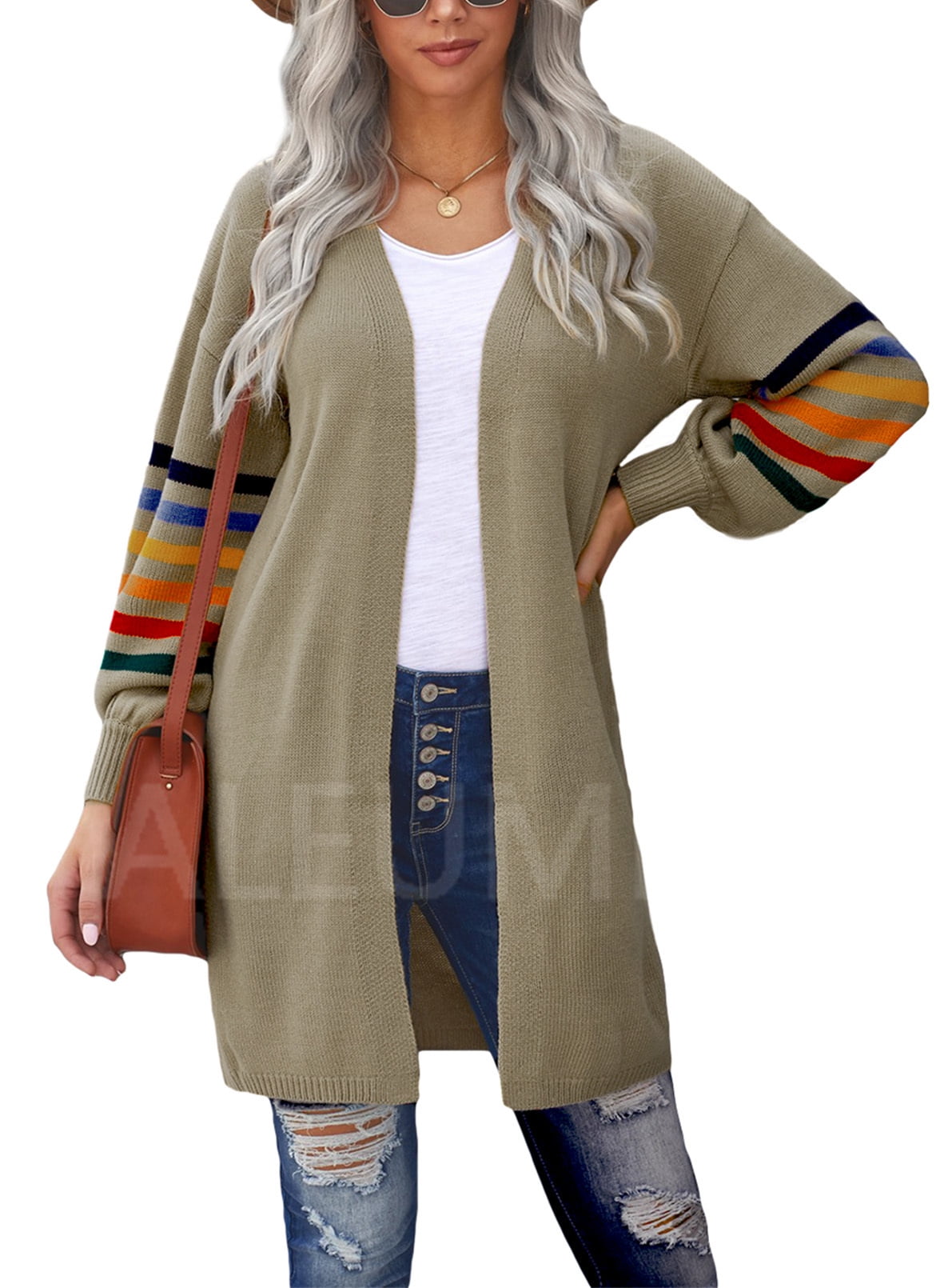 Plus Size Cardigan for Women Long Stripe Knit Open Front Sweaters Jacket 2XL