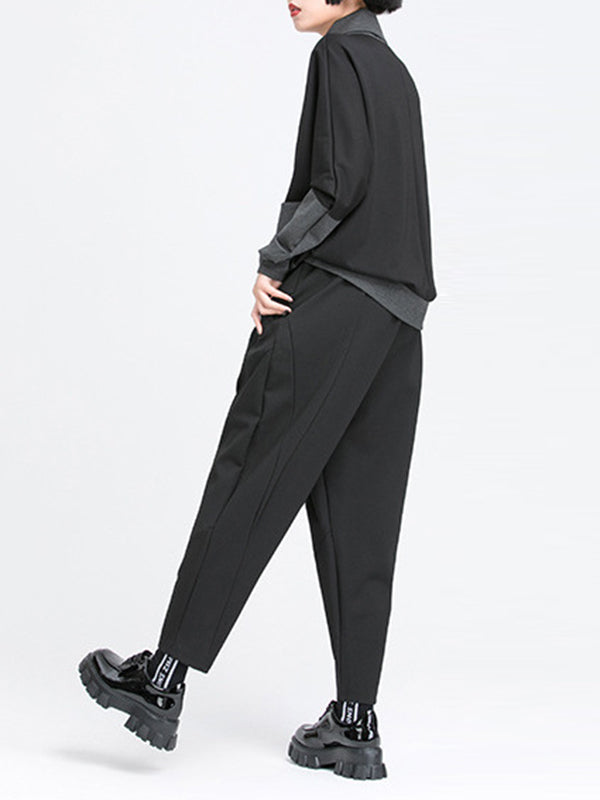 Harem Pants Loose Elasticity Pleated Pockets Solid Color Split-Joint Pants