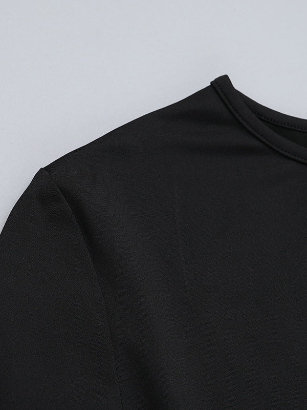 Long Sleeves Skinny Contrast Color Pleated Split-Joint Round-Neck Mini Dresses