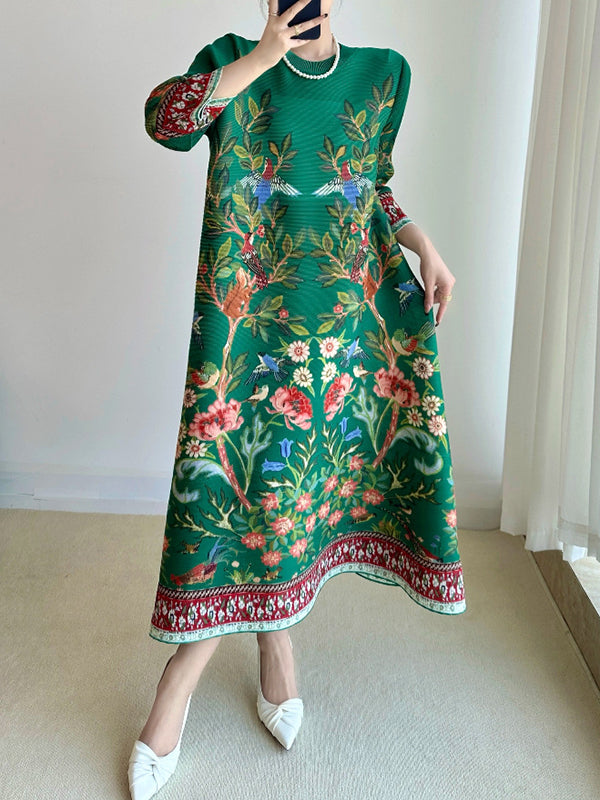 A-Line Loose Flower Print Pleated Round-Neck Midi Dresses