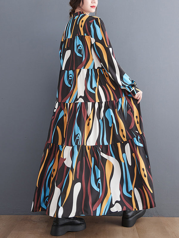 Loose Print Pleated Round Neck Midi Dress