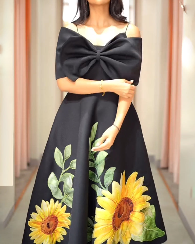 Elegant Sunflower Shoulder Two Wear Method Dress