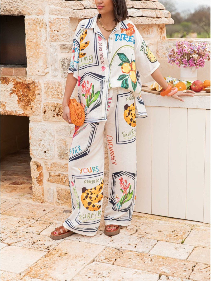 Personalized Graffiti Print Casual Shirt Wide Leg Pants Suit