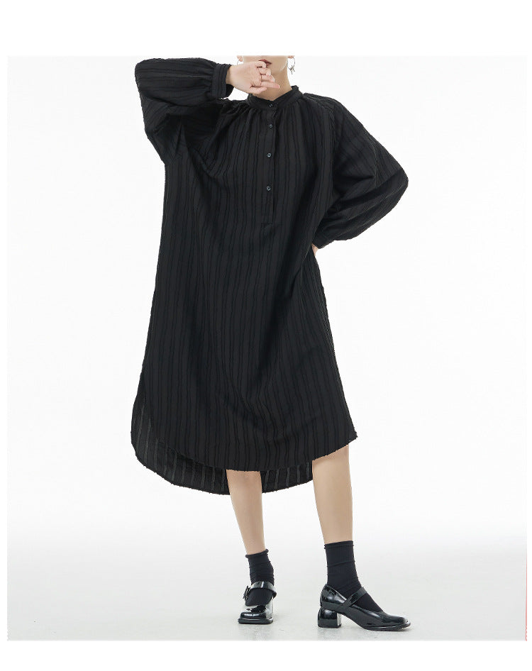 Asymmetric Striped Stand Collar Long Sleeve Midi Dress