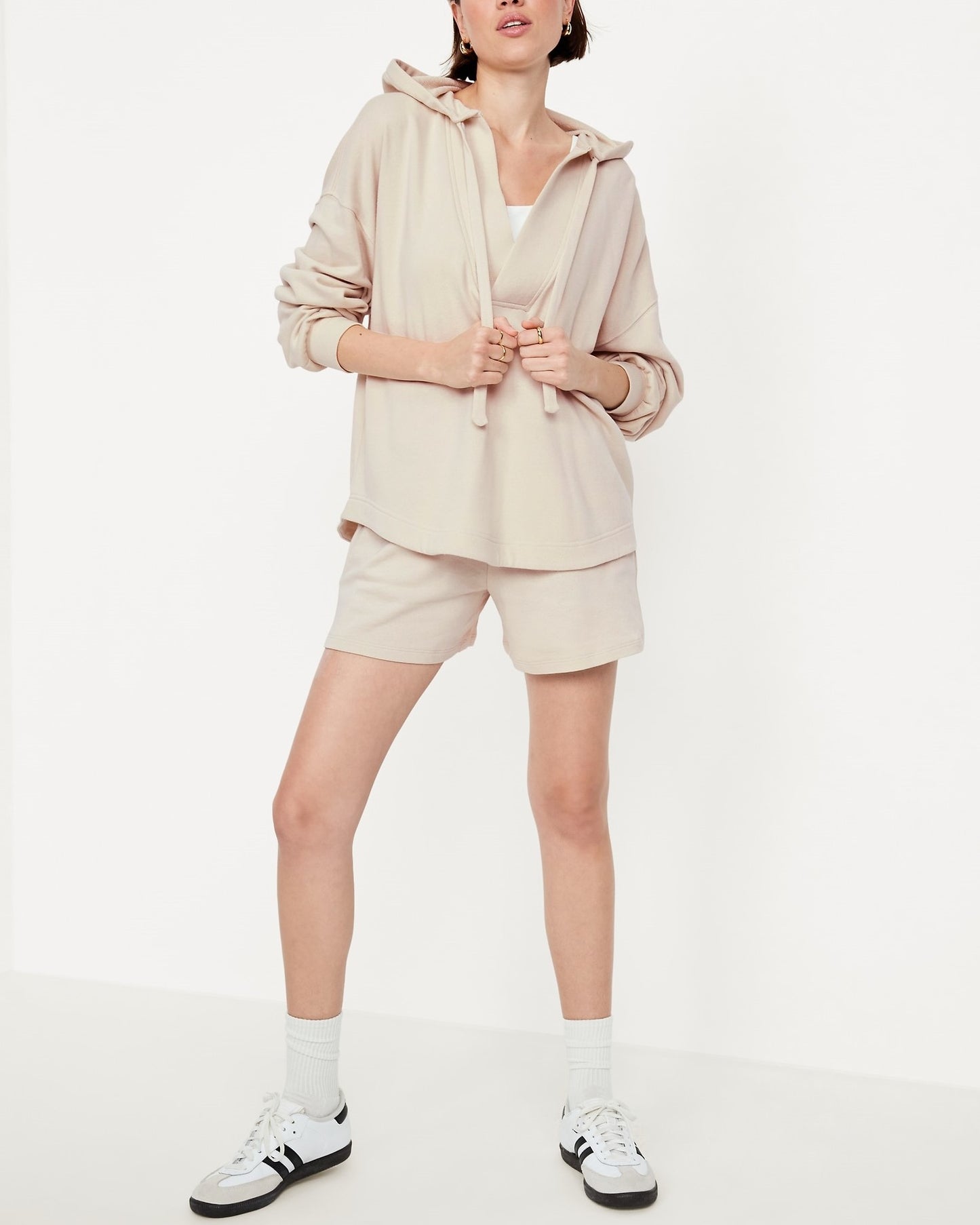 Oversized Drawstring V-Neck Hoodie Shorts Two-Piece Set With Pockets (Buy 2 Free Shipping)