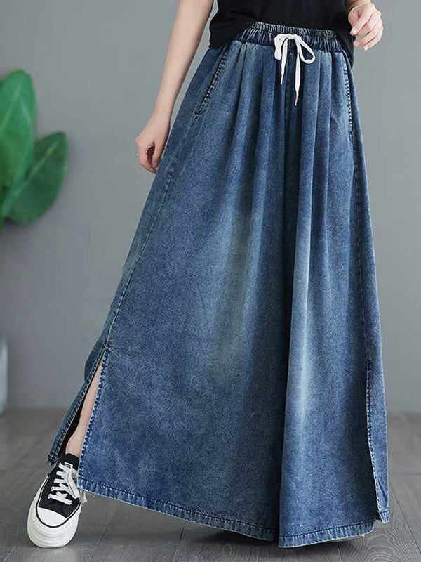 Loose Wide Leg Drawstring Split-Side Jean Pants Bottoms Trousers