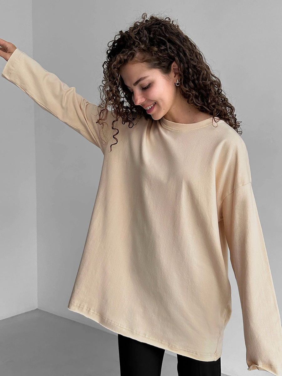 Women's cotton T-shirt spring and autumn loose solid color Oversize round neck long sleeve loose top