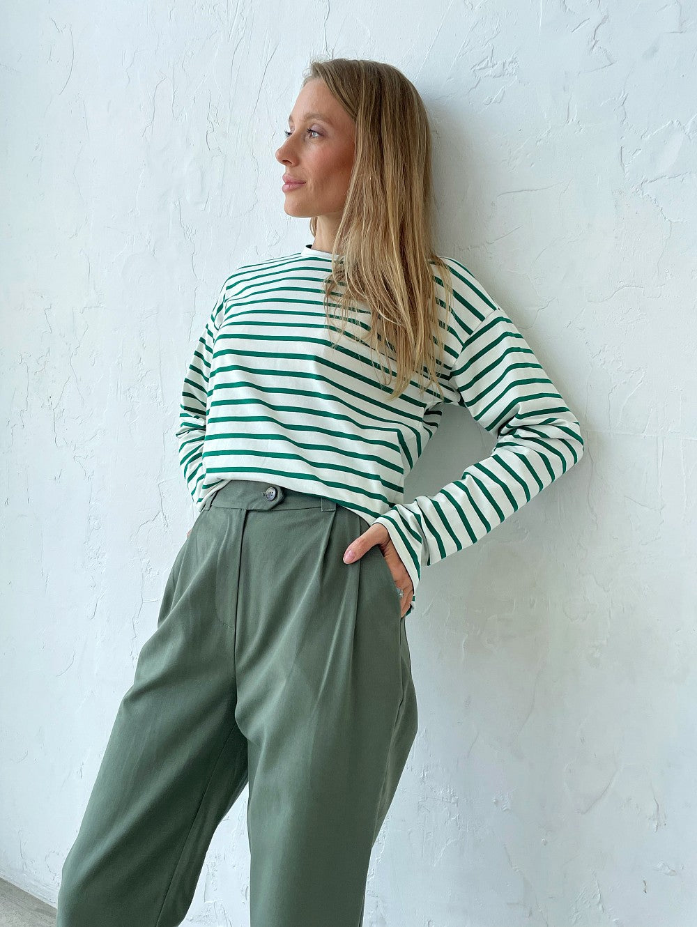 Long-sleeved striped T-shirt casual round neck cotton striped loose top