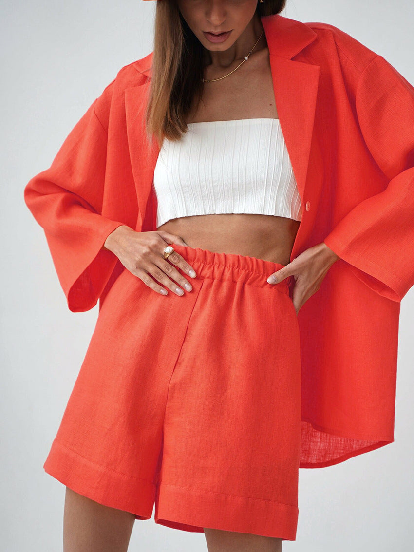 Cotton shorts suit women's lapel loose single-breasted Shirt high waist straight pants two-piece set