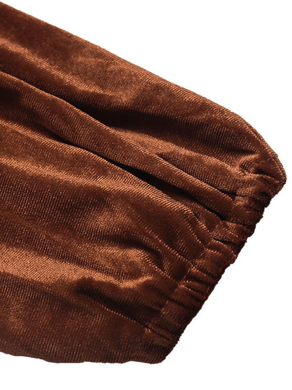 A-Line Long Sleeves Pleated Solid Color Split-Joint Velvet Mock Neck Mini Dresses