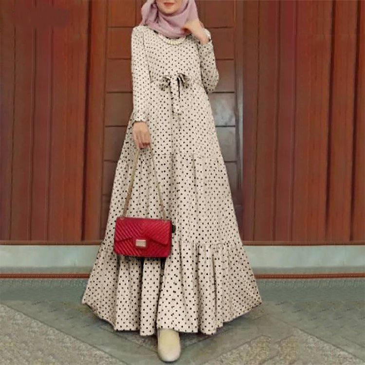 Vintage Polka-Dot Long Sleeve Round Neck Maxi Dress