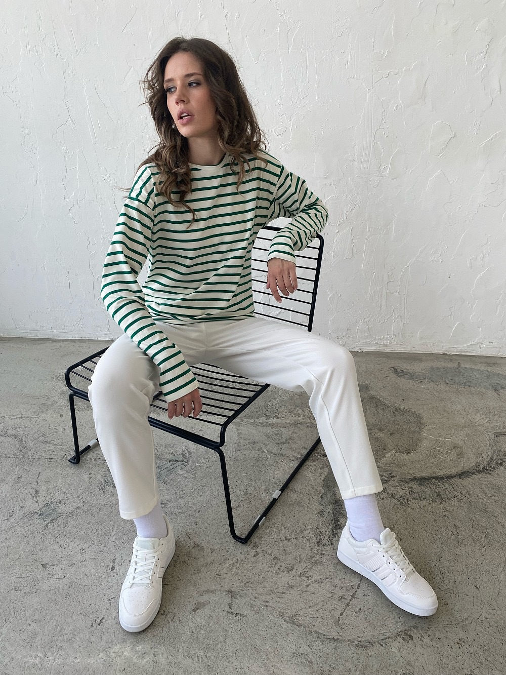 Long-sleeved striped T-shirt casual round neck cotton striped loose top