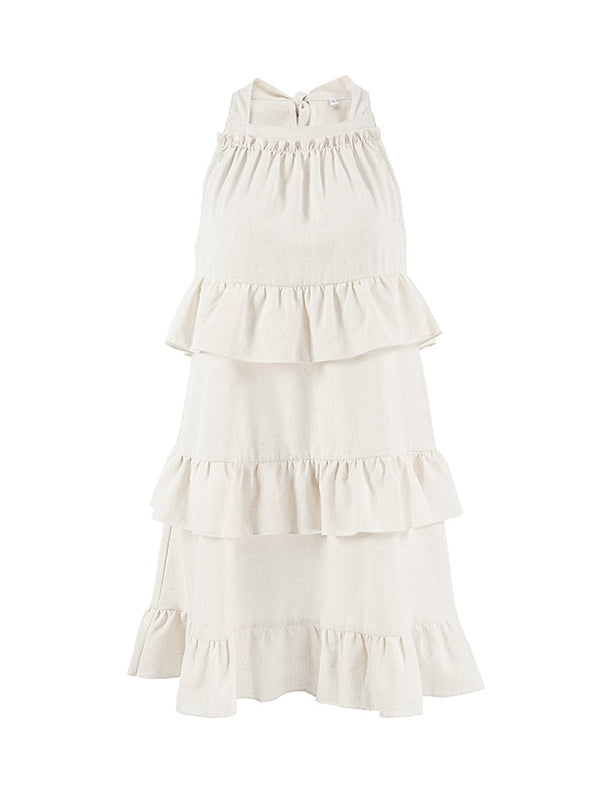 A-line Loose Ruffle Trim Solid Color Tied Zipper Spaghetti-Neck Mini Dresses