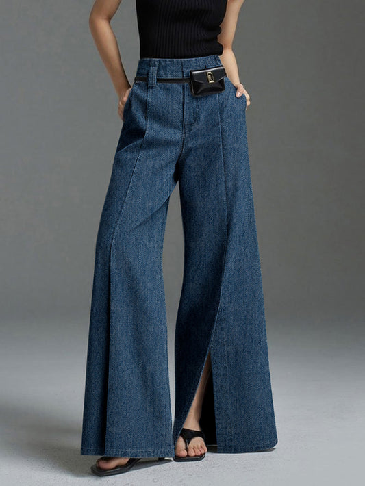Wide Leg No Belt Solid Color Split-Front Jean Pants Bottoms Trousers