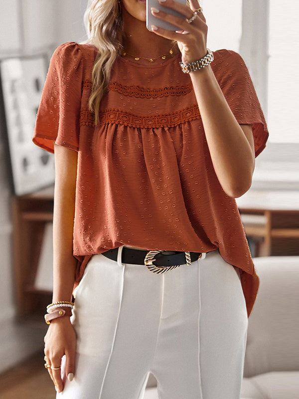 Loose Short Sleeves Hollow Jacquard Pleated Solid Color Split-Joint Round-Neck T-Shirts Tops