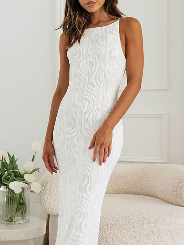 Skinny Sleeveless Pleated Solid Color Split-Back Spaghetti-Neck Maxi Dresses