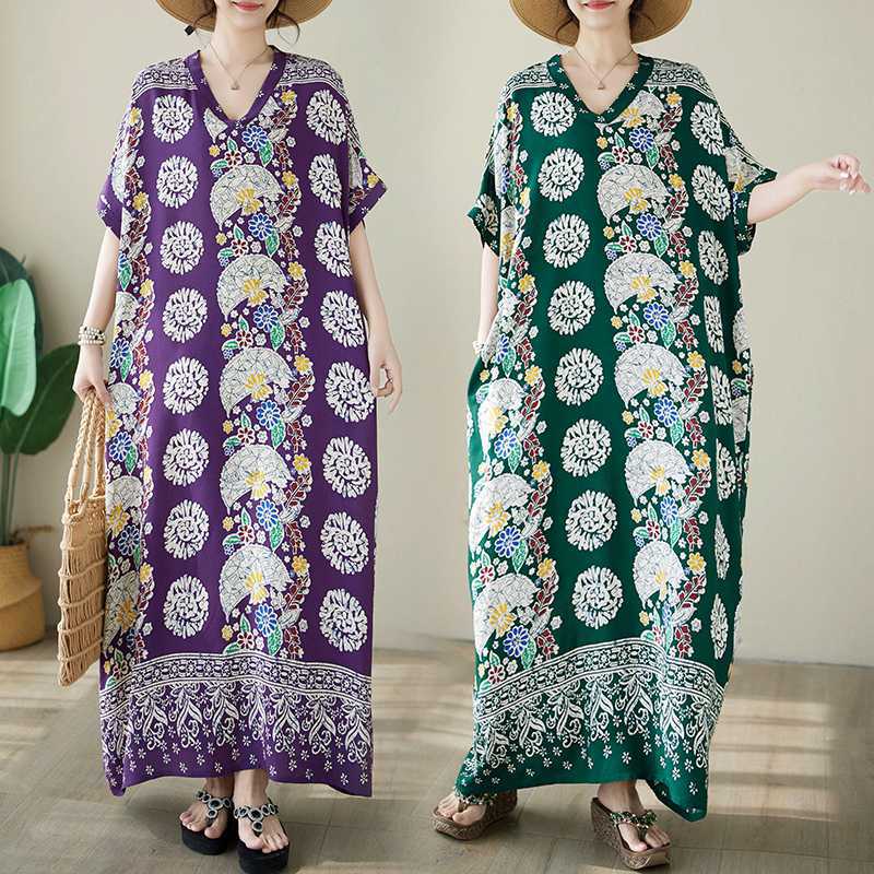 Retro Printed V-Neck Short Sleeve Maxi Dress