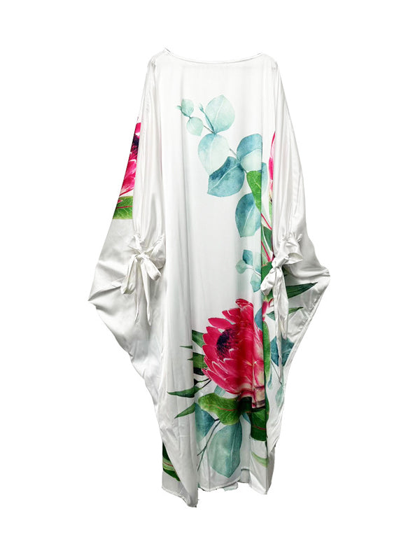 Batwing Sleeves Loose Flower Print Tied Round-Neck Maxi Dresses