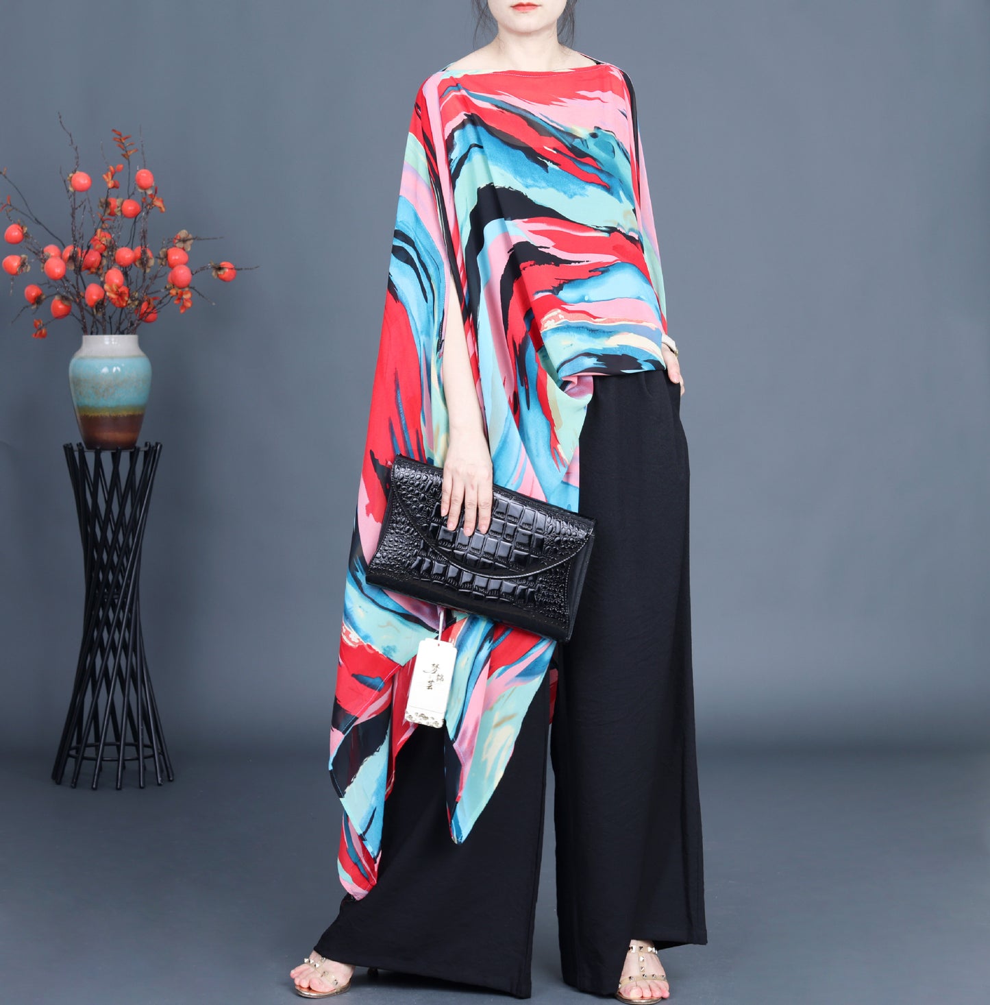 Loose Irregular Flowy Colorful Bat Sleeve Shawl Top
