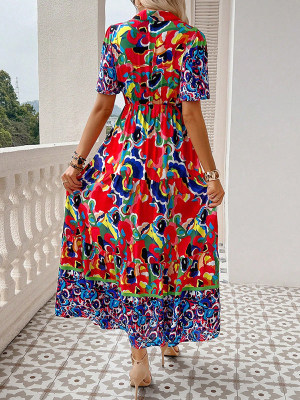 A-Line Half Sleeves Buttoned Contrast Color Printed Lapel Maxi Dresses