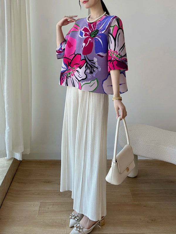 A-Line Half Sleeves Flower Print Pleated Round-Neck T-Shirts Tops