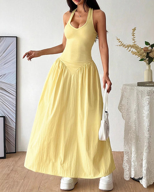 Solid Color Neck Lace-up Dress