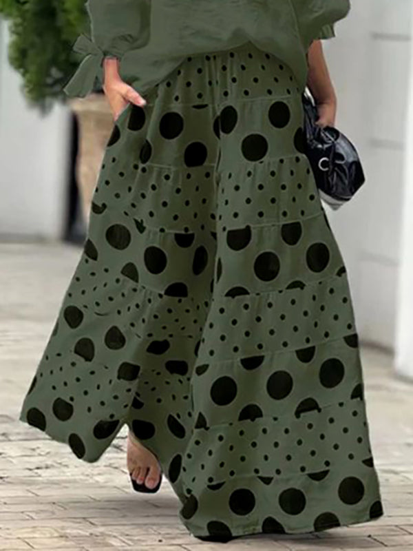 High Waisted Loose Contrast Color Elasticity Pockets Polka-Dot Split-Joint Pants Trousers