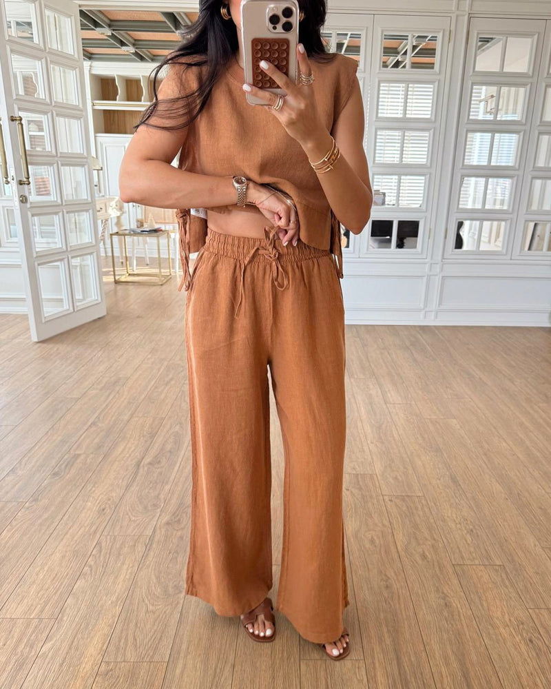 Casual Round Neck Lace-Up Sleeveless Top & Pants Two-Piece Set