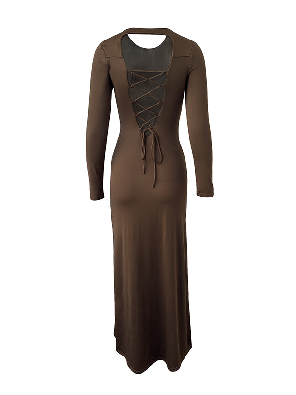 Bodycon Long Sleeves Backless Hollow Solid Color Split-Side Round-Neck Maxi Dresses