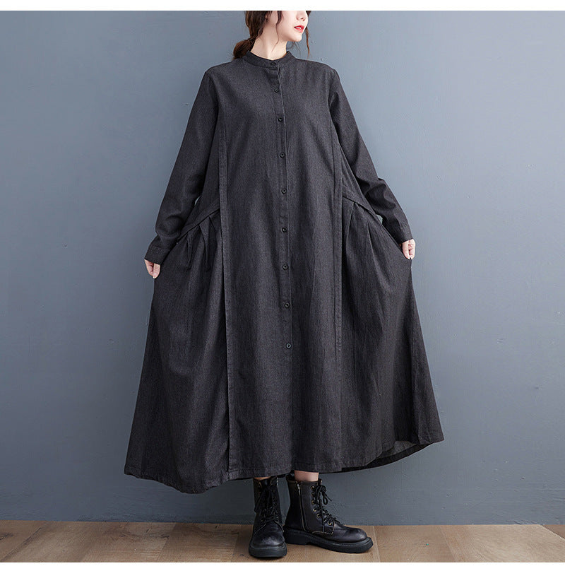 Loose Pleated Stand Collar Denim Midi Dress