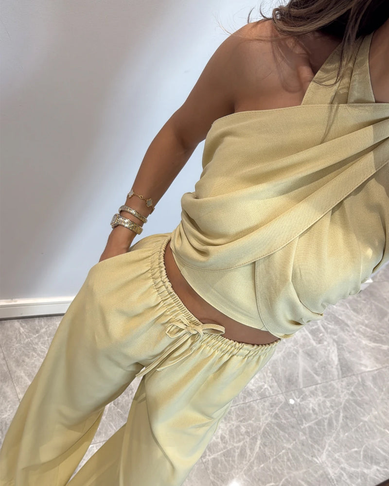 Casual Solid Color Lace-Up Top & Pants Two-Piece Set