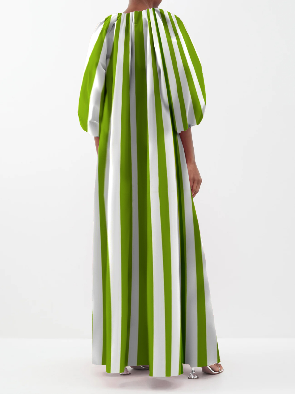 Irregular Stripe Printing V-Neck Puffy Sleeves Loose Maxi Dress