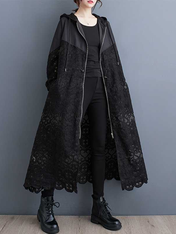 Casual Spliced Hollow Lace Hooded Trench Coat