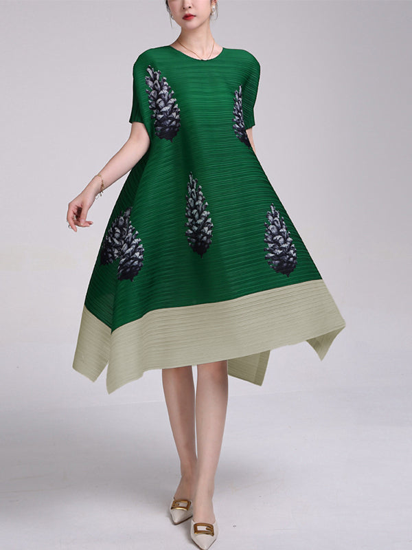 A-Line Loose Flower Print Pleated Round-Neck Midi Dresses