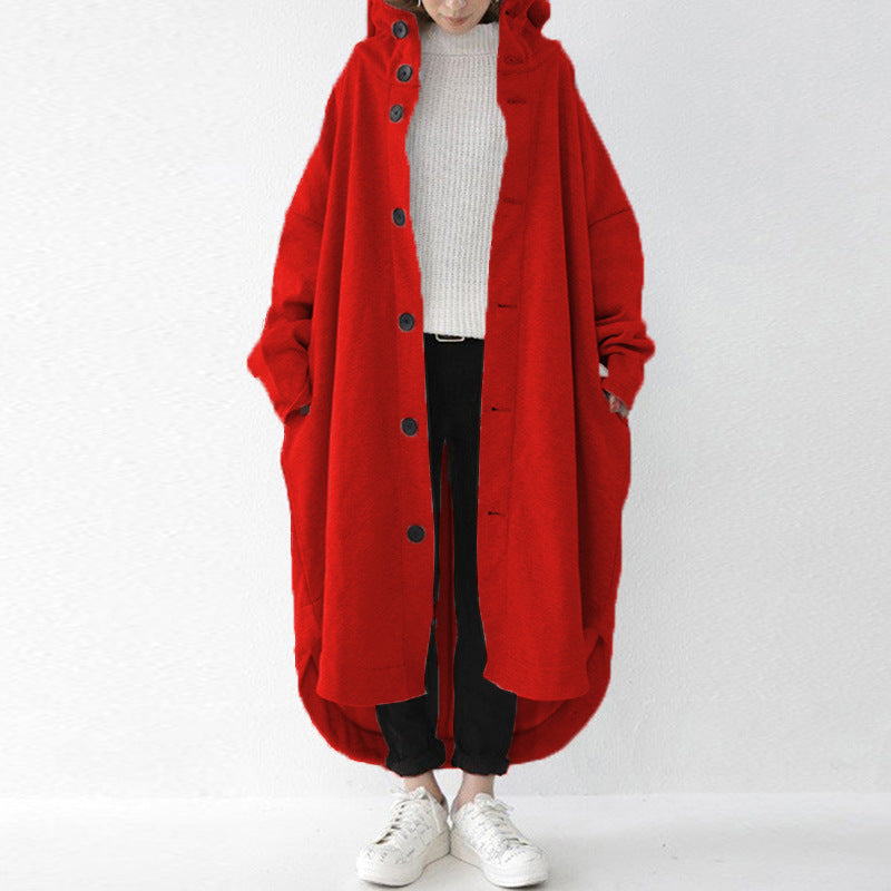 Loose Solid Color Buttoned Hooded Windbreaker Coat